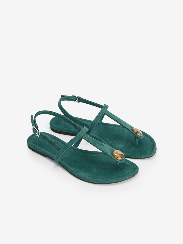 CoolChap Sheepskin Tiger's Eye Decorated Thong Sandals PEACOCK BLUE