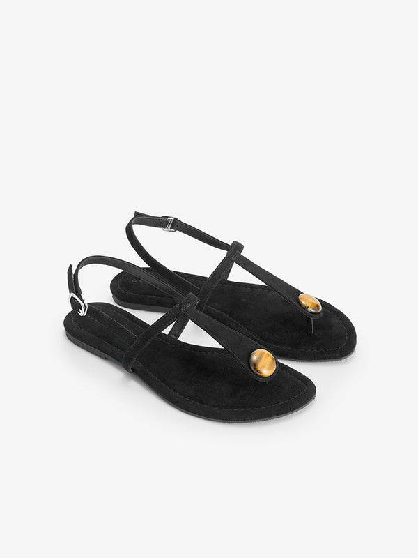 CoolChap Sheepskin Tiger's Eye Decorated Thong Sandals BLACK BEAUTY