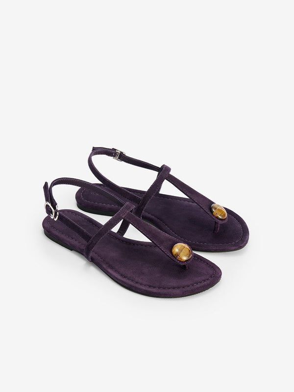 CoolChap Sheepskin Tiger's Eye Decorated Thong Sandals ITALIAN PLUM